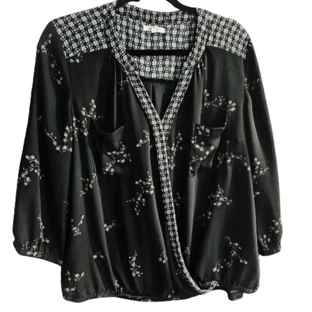 Maurices Black Floral Blouse with Cross wrap style - Picture 1 of 5